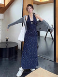 French Blue Broken Flower Hanging Neck Hanging Neck Sling Dress Female Summer 2025 New Thin Temperament Ass Long Skirt