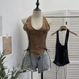Real Shooting Cowboy Hanging Neck Sling Vest Punk Hollow Strap Y2k Hottie Sleeveless Short Repair Body Dress 835