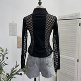 Sleeve Hollow Cross Grid Splicing Coat Coat Women's Spring And Summer Long Sleeves Zipper Open Shirt 8950