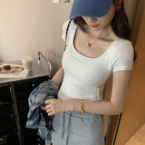 European Goods Explosion With Breast Pad Hot Girl Collar Shoulder Short-Sleeved T-Shirt Girl 2025 Summer New Dress Short Top