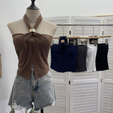 French Hanging Neck Sling Vest With Chest Pad Open Fork Short Bramped Stairless Top 9286