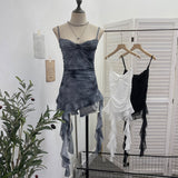 Real Shooting Thrombial Rivet Sling Skirt Design Lotus Side Ribbon Ribbon Vest Dye Net Yarn Sleeveless Top Lady 1275