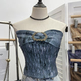 Old Style Retro Brae Waist-Dyed Wear Sexy Shoulder-Wrapped Sleeveless Top 8886