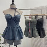 Real Shot With Chest Cushion Denim Sling Vest With Bow Hanging Neck Short Twiping Boat Blouse Woman 2611