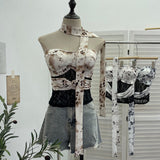Real Shot Lace Spliced Leopard Hanging Neck Sling Waistcoat With Bra Pad Hottie Short Sleeveless Top 8108