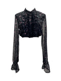 Short-Term Umbilled Flower Long-Sleeved Shirt Spliced Lace Lotus Side Single Row Buckle Chiffon Shirt 23810