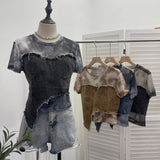 Real Shooting Of The Edge Of The Denim Splicing Tie Dye Mesh Repair Irregular Two Short-Sleeved Top T-Shirt 26171