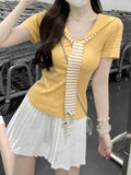 Korean Version Of The College Wind Navy Collar Stripe + Ribbon With Short-Sleeved T-Shirt Women's Summer Heart Machine V Collar Straight Shoulder Chic Top
