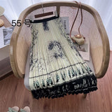 2025 New High-Rise Half-Dress Woman Tight Waist Ink Print Design Sense A-Character Skirt In The Long Folded Skirt