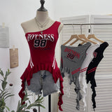 Real Shooting Retro Jersey Vest Letter Print Oblique Shoulder Hottie Wearing Lotus Edge Ribbon Ribbon Short Top 1279