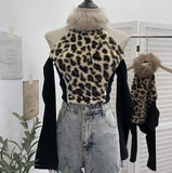 Real Shooting Leopard-Print Hair Hanging Neck High Shoulder Long-Sleeved T-Shirt Female Spliced Retro Hottie Short Top 2812-1