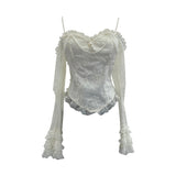 French Retro Pearl Shoulder Lace Lace Top With Bra Cushion Shoulder Long Sleeve Short Shirt 8858