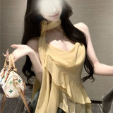 Lotus Side Yellow Flower Sling Small Vest Woman Summer Sleeveless Outside Wearing Design Short Spice Girl Top