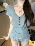 Yellow V-Neck Short-Sleeved Shoulder T-Shirt Girl Summer Waist Tight Small Pure Lust Style Repair Short-Sized Top