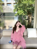 Holiday Style Strapped Back V Collar Long-Sleeved Dress Women Summer French Loose Green Skirt Casual A Short Skirt