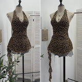 Real Shot With Chest Pad Leopard Sling Hanging Neck Design Feeling Drift Belt Vest V Collar Sleeveless Top 9278