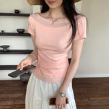 2026 Super Fire Age Bombed Street Unique Beautiful Shoulder Pink Short-Sleeved T-Shirt Summer New Dew Shoulder