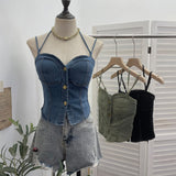 Real Shooting Denim Hanging Neck With Chest Pad Sling Vest Babes Single Buckle Bra Short Sleeveless Top Tide 2757