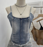 Summer Babes Cowboy Sling Vest Women's Hot Diamond Brush Wash Water Short Umbilized Sleeveless Top 658
