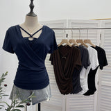 Real Shooting Cross-Design Hanging Neck Beads Folded Emptiness T-Shirts For Women's Sense Of Fake Two-Piece Top 27671