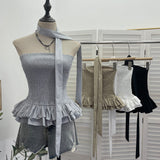 Real Shooting Tight Skirt Swing Fluffy Fragrant Chest Vest Hanging Neck Ribbon Short Blouse Woman 8169