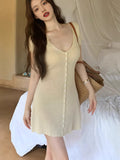 South Korea Dongdaefang Fashion V-Neck Solid Color Single Buckle Set Slim Sexy Knitted Dress