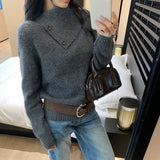 Korean Design Buckled High-Necked Long-Sleeved Knitted Shirt Women's Autumn And Winter 2025 New Loose Lazy Wind Cover Head Sweater