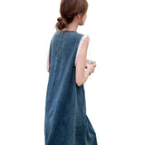 Korean Chic Lace Splicing Sleeveless Dress 2026 Summer Thin Temperament Fashion Retro Denim Dress Dress