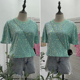 Pink Sequin Short Sleeve T-Shirt 2025 Spring And Summer Korean Version Of Loose Night Club Bling Top 9088