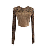 Real Shooting Hottie Letter-Print Mesh Spliced Cowboy Long-Sleeved Bottom Shirt Blouse Short T-Shirt Girl 2623