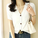 2026 Summer New Temperament Short-Sleeved Knitted Cardigan V-Neck Thin Bottom Thin Top Woman