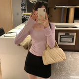 Korean Folded Waist Collar Long-Sleeved T-Shirt Women Commute Early Autumn New Unique Beautiful Short Top