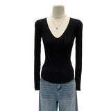 2026 Early Spring Pit Strip V Collar With The Bottom Of The Knitted Shirt Women's Autumn Minimalist High-End Feeling Long-Sleeved Top