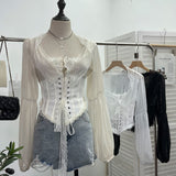 French Court Wind Strapped With Waist Fish Bone Shirt Lace Shirt Back Waist To Take Short Top 8803