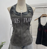 Real Shooting Babes Hanging Neck Pu Embroidered Sling Sling Vest One-Swaive Zipper Short Sleeveless Top 1366
