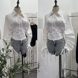 Dark Belted Long-Sleeved Shirt Women's Spring And Autumn Collar Rope Sleeves Contour Shaped Short Top 2775