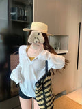 White Lazy Wind Long Sleeves Loose T-Shirt For Spring And Summer Leisure Thin Sunscreen Shirt Half-Opened Blouse