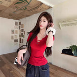 Large-Size Strapped V-Necked Shoulder Short-Sleeved T-Shirt For Women's Summer Sweet Spicy Breeze Slim Slim Slim Design Short-Sized Top