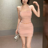 Pure-Want Pink Hot Diamond Short Hanging Neck Vest Women's Summer Fashion Set Mesh Yarn Bag Half-Body Skirt Two-Piece