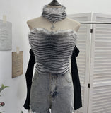 Real-Patrowing High-Necked Sexy Leopard-Print Hair Spliced Hanging Neck Long-Sleeved T-Shirt Repair Short Top 28111