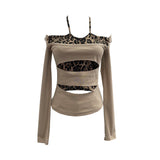 Real Shooting With Hanging Neck Leopard Print Splicing Two Long-Sleeved Tops A Short Shoulder Bottom T-Shirt 28787