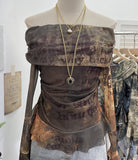 Guangzhou Women's Clothing Mesh Printing Shoulder Folded Horn Long-Sleeved T-Shirt Ribbon 1568