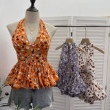 Real Shooting With Chest Pad Crumm Flower Hanging Neck Sling Vest Women's Summer Dress Sexy Deep V Skirt Swing Waist Sleeveless Top 9335