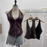 Real Shoot Babes Hanging Neck Deep V Sexy With Chest Pad Pu Sling Sling Zip Open Shirt Woman 8130