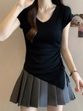 Oceanic Back Hollow Design Blouse V Collar Slim Slimmed T-Shirt 2026 Summer New Solid Color Shirt