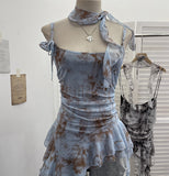 Real Shooting Retro Tie-Dye-Print Mesh Sling Sling Sling Vest Irregular Lotus Leaf Edge Ribbon Sleeveless Top 1185