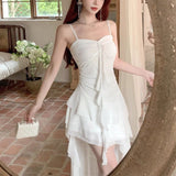 Seaside Holiday White Mesh Yarn Tailing Lotus Side Sling Dress Niche Design French Temperament Skirt Summer