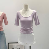 Purely Sexy Slime U-Neck Shoulder Short-Sleeved T-Shirt Commuting Summer New Thin Luxury High-End Feel Blouse