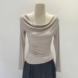2026 Early Spring Korean Chic Sweet Spicy Shoulder Slanted Shoulder Collar Long-Sleeved T-Shirt Women's Early Autumn Slim Slim Top