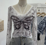 Solid Shot Micro-Permeable Mesh Butterfly Print Splicing Lace Hanging Neck Horn Long-Sleeved T-Shirt Repair Short Top 1286